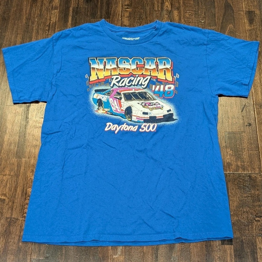 NASCAR Daytona 500 Shirt Mens Large Blue Racing Graphic Tee 100% Cotton Crewneck